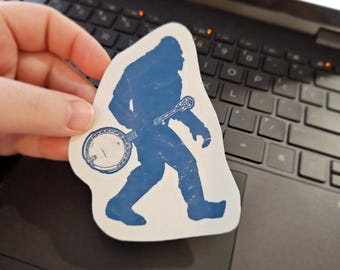 Banjo Playing Bigfoot Sasquatch Handmade Kiss-Cut Sticker | Water Bottle, Laptop, Helmet Sticker | 2x2, 3x3, 4x4 Inch Options