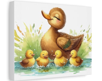 Mama Duck with Ducklings | Duck Family Watercolor Style Canvas | 10x8 Inch