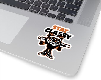 Tiger Baseball Mascot Stay Classy Kiss-Cut Sticker | Water Bottle, Laptop, Helmet Sticker | 2x2, 3x3, 4x4 & 6x6 Inch Options