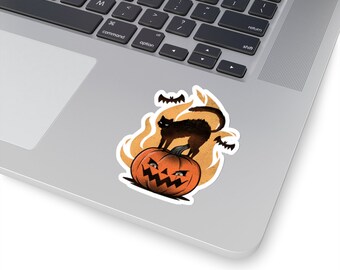 Black Cat Jack-o-lantern Bats Halloween Kiss-Cut Sticker | Water Bottle, Laptop, Helmet Sticker | 2x2, 3x3, 4x4 & 6x6 Inch