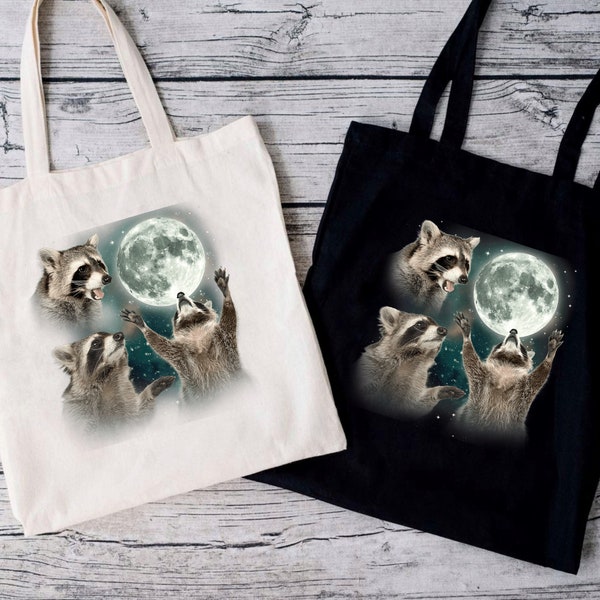 Raccoons Tote Bag, Three Raccoons Howling At The Moon Vintage Shoulder Shopper Bag, Animal Print Shopping Bag, Retro Raccoon Moon Gift