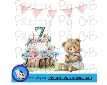 May include: A watercolor illustration of a birthday cake with a number 7 on top, surrounded by flowers. A teddy bear wearing a floral headband and a blue dress sits next to the cake. The cake is on a tree stump and there are pink bunting flags above the cake.