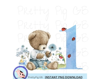 May include: A watercolor illustration of a teddy bear holding a dandelion, sitting next to a blue number one with ladybugs. The bear is wearing a blue shirt and jeans. The image is surrounded by blue flowers and a baby bottle.