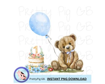 May include: A watercolor illustration of a teddy bear holding a blue balloon, sitting next to a single-tiered cake with a number one on top. The cake is decorated with flowers and a green leafy garland. The bear is wearing a blue bow tie. The image is set against a white background.