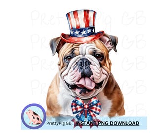 4. Juli/Unabhängigkeitstag, Englische Bulldogge, PNG, Clipart, Digital Download, 300dpi.