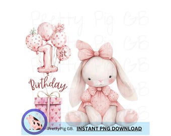 Baby Girl Bunny First Birthday Clipart: Commercial Use PNG (Digital Download)