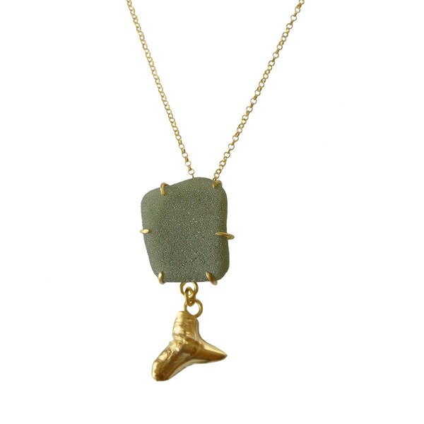 Necklace in gold with sea glass and shark tusk OOAK