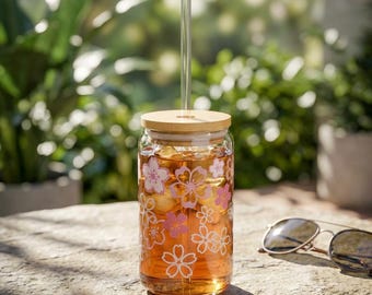 Cherry Blossom glass tumbler, Glass Cup with Wooden Lid,  Sakura Mug