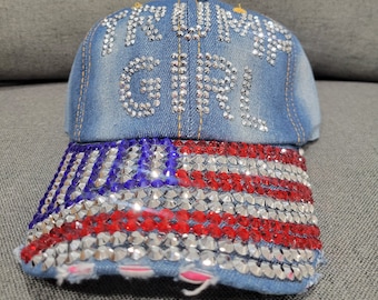 Trump Girl Bling Hat, MAGA USA Flag Denim Cap