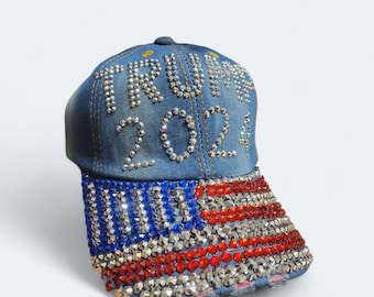 Trump 2024Hat MAGA President Donald Trump Hat Cap Bling Diamond USA Flag