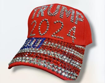 Trump 2024Hat MAGA President Donald Trump Hat Cap Bling Diamond USA Flag