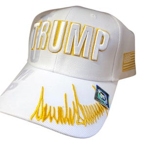 Weiß und Gold bestickter Donald Trump Hat Klasse 45/47 aus 100% Baumwolle MAGA New
