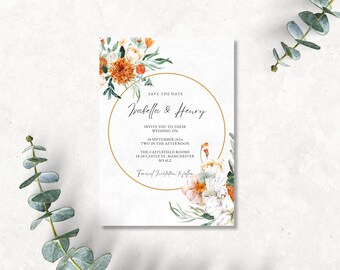 Wedding Invitation / Save the Date Invite / Autumn Save the Dates / Orange and Cream Floral Wedding Save the Date