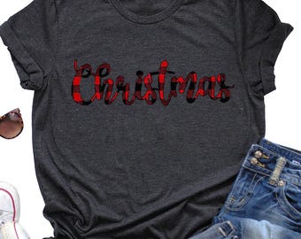 Camiseta de Feliz Navidad, camiseta navideña con estampado de cuadros de búfalo, camiseta de Feliz Navidad, camiseta de regalo de Navidad, camiseta de vacaciones de Navidad