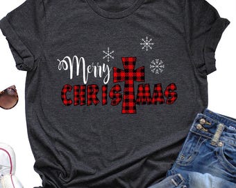 Camiseta de Feliz Navidad, camiseta navideña con estampado de cuadros de búfalo, camiseta de Feliz Navidad, camiseta de regalo de Navidad, camiseta de vacaciones de Navidad
