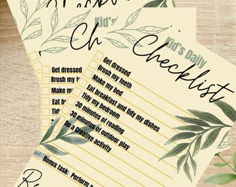 Könnte beinhalten: Zwei beige Kid's Daily Checklist-Blätter mit floralem Design und handschriftlichem Text. Die Checkliste enthält Aufgaben wie Anziehen, Zähneputzen und Bett machen. Eine Bonusaufgabe ist ebenfalls enthalten.