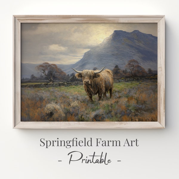 Printable Highland Cow, Wildflower Field Landscape Oil Painting, Country Landscape Art Print, Farmhouse Wall Art Digital Download | SFA101