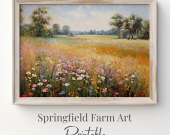 Prado de flores silvestres de primavera para impressão, pintura de paisagem de flores silvestres, impressão de paisagem rural, download digital de arte de parede de fazenda | SFA111