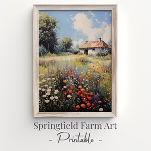 Printable Wildflower Cottage Garden, Wildflower Field Landscape Print, Country Landscape Print, Farmhouse Wall Art Digital Download | SFA175