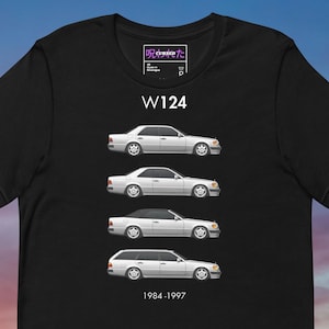 Puede incluir: Camiseta negra con un gráfico de un coche W124 en cuatro estilos de carrocería diferentes. El texto "W124" está encima de las ilustraciones de los coches, y "1984-1997" debajo. La camiseta tiene cuello redondo y mangas cortas.