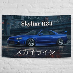 May include: A blue Skyline R34 car is featured on a wall tapestry. The car is the focal point, with the text "Skyline R34" above it. Japanese characters are below the car. The background shows a city at night.