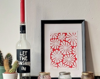 Linoprint "red blossom": handmade linocut in vivid red