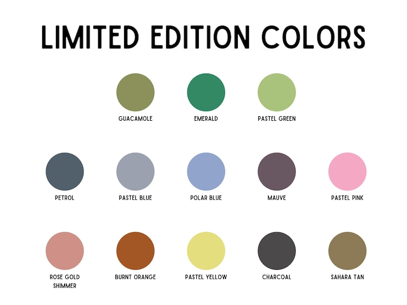 Puede incluir: Un gr&aacute;fico que muestra una paleta de 12 colores de edici&oacute;n limitada. Los colores est&aacute;n dispuestos en tres filas, cada una con cuatro muestras de color circulares. Los colores incluyen Guacamole, Esmeralda, Verde Pastel, Petr&oacute;leo, Azul Pastel, Azul Polar, Malva, Rosa Pastel, Oro Rosa Brillante, Naranja Quemado, Amarillo Pastel, Carb&oacute;n y Sahara Tan.