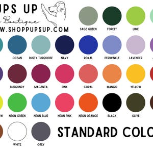 Puede incluir: Carta de colores con una variedad de colores est&aacute;ndar, incluyendo turquesa, azul marino, rosa y negro. La carta est&aacute; etiquetada como "Colores est&aacute;ndar" e incluye la direcci&oacute;n del sitio web "WWW.SHOPPUPSUP.COM".