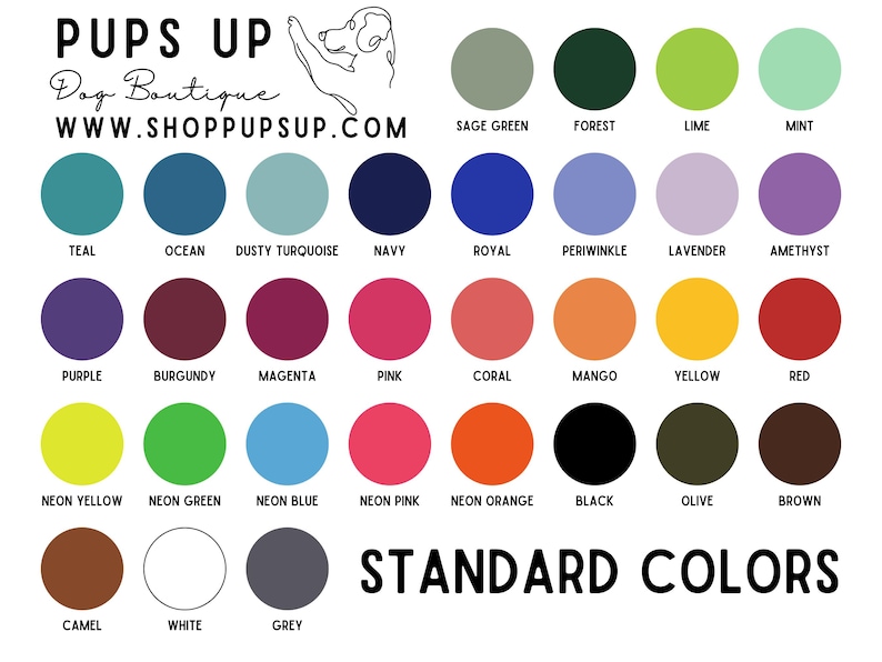 Puede incluir: Carta de colores con una variedad de colores est&aacute;ndar, incluyendo turquesa, azul marino, rosa y negro. La carta est&aacute; etiquetada como "Colores est&aacute;ndar" e incluye la direcci&oacute;n del sitio web "WWW.SHOPPUPSUP.COM".