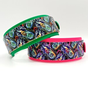 Kraken In A Bottle UV Printed Biothane w/ 2” Backlay and 1” Tapered Dog Collar with Rainbow NeoChrome Hardware - Waterproof, Smellproof