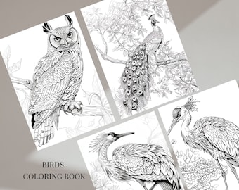 Bird Coloring Book | Grayscale Coloring Pages for Adults & Kids (PDF)