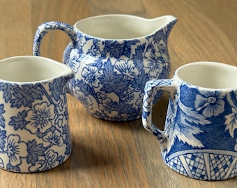 3 Vintage Burleigh Blue and White Creamers England