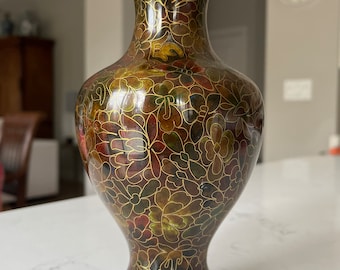 Vintage Cloisonne Vase - Floral Brown 7" without base