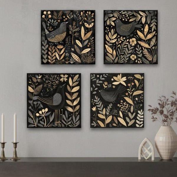 Dark Neutral Bird Art Print Set – Botanical Scandinavian Home Decor 4XB140