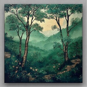 A set of 4 enchanted forest prints featuring mystical green woodlands, golden accents, & dreamy nature landscapes. Perfect for boho, cottagecore, rustic, and modern interiors. Ideal calming wall decor for living rooms, bedrooms & gallery walls.