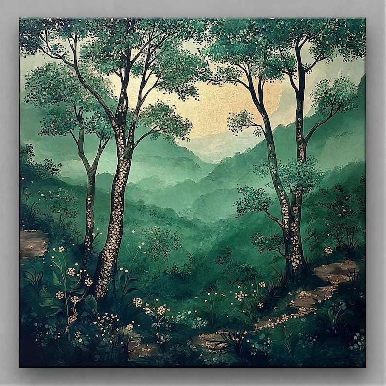 A set of 4 enchanted forest prints featuring mystical green woodlands, golden accents, & dreamy nature landscapes. Perfect for boho, cottagecore, rustic, and modern interiors. Ideal calming wall decor for living rooms, bedrooms & gallery walls.