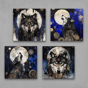 Set of 4 Prints - Mystical Wolf Moon Wall Art – Celestial Wolf Prints, Boho Spirit Animal Decor, Lunar Gothic Artwork 4XB429