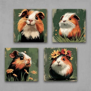 Guinea Pig Art Set of 4 – Adorable Botanical Prints with Guinea Pigs in Nature for Cottagecore, Kids’ Room, and Animal-Lover Decor 4XB159