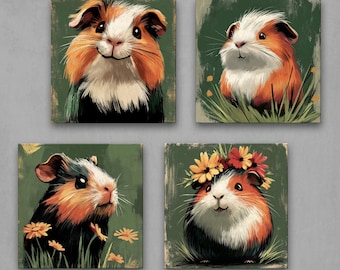 Guinea Pig Art Set of 4 – Adorable Botanical Prints with Guinea Pigs in Nature for Cottagecore, Kids’ Room, and Animal-Lover Decor 4XB159