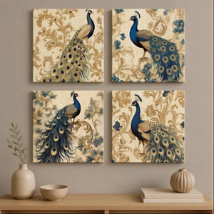 four square paintings of peacocks, each with a different pose and color scheme, displayed on a wall above a wooden shelf with various decorative items.