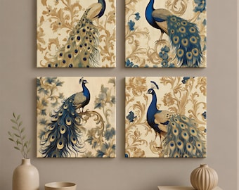 Vintage Peacock Art Prints (Set of 4 or Single)– Elegant Blue and Gold Botanical Decor 4XB378