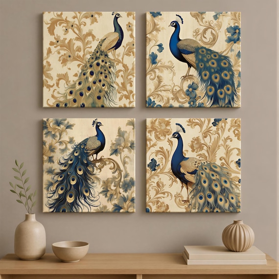 Vintage Peacock Art Prints (Set of 4 or Single)– Elegant Blue and Gold Botanical Decor 4XB378