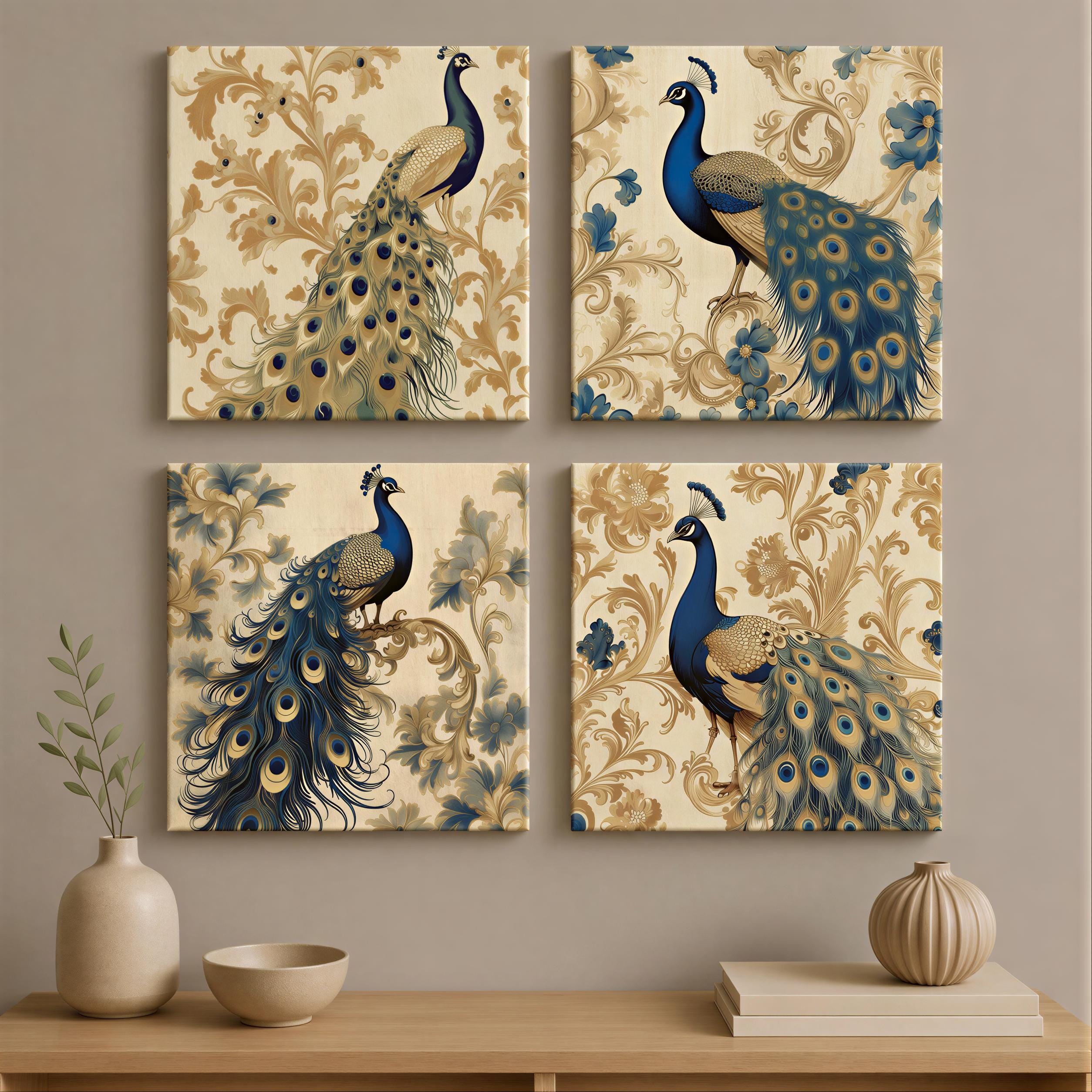 ★Original ART  ‘Peacock’ Vintage Peacock Art Prints (set of 4 or Single)– Elegant Blue and