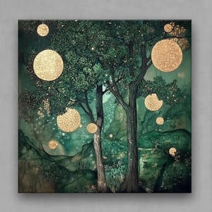 four paintings depicting various scenes of lush, green forests with trees, flowers, and a winding path.