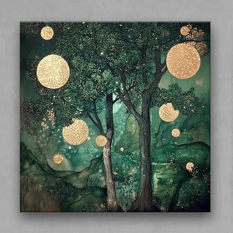 four paintings depicting various scenes of lush, green forests with trees, flowers, and a winding path.