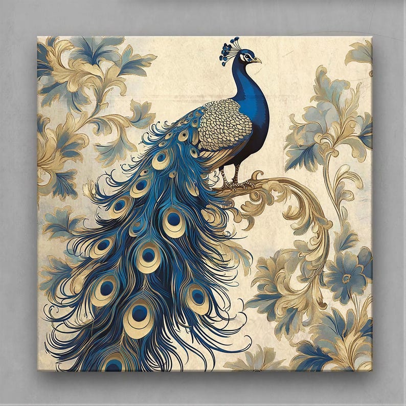 A set of 4 vintage peacock prints featuring majestic blue and gold peacocks with intricate floral patterns. Perfect for vintage, bohemian, and nature-inspired interiors. Ideal decor for living rooms, bedrooms, or offices as elegant, timeless artwork.