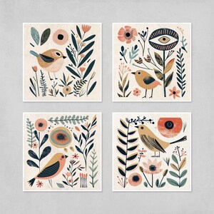 four square illustrations featuring various birds, flowers, and leaves in a variety of colors and styles.