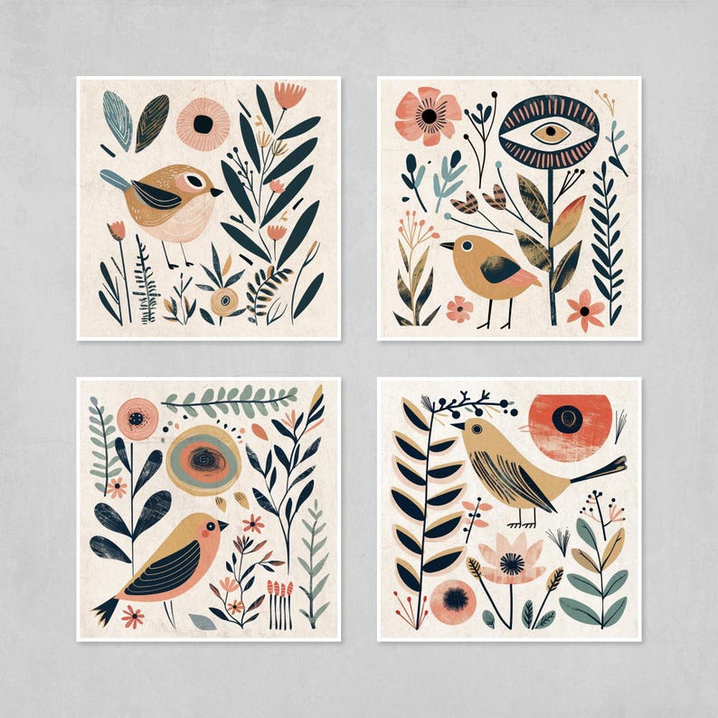 four square illustrations featuring various birds, flowers, and leaves in a variety of colors and styles.
