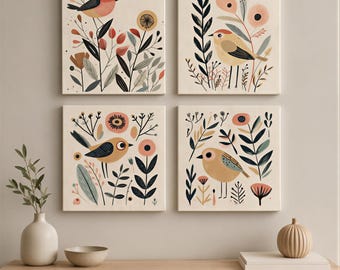 Boho Bird Wall Art Prints (Set of 4 or Single) | Scandinavian Floral Illustration 4XB014