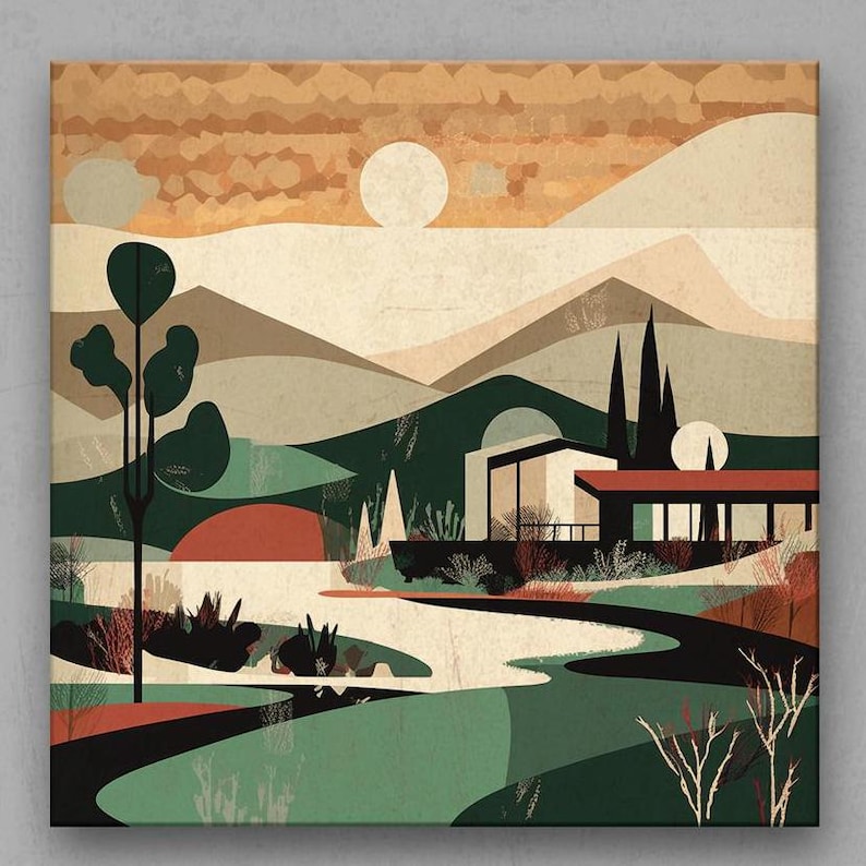 Modern Landscape Wall Art Set of 4 Abstract Mid-century Prints With ...